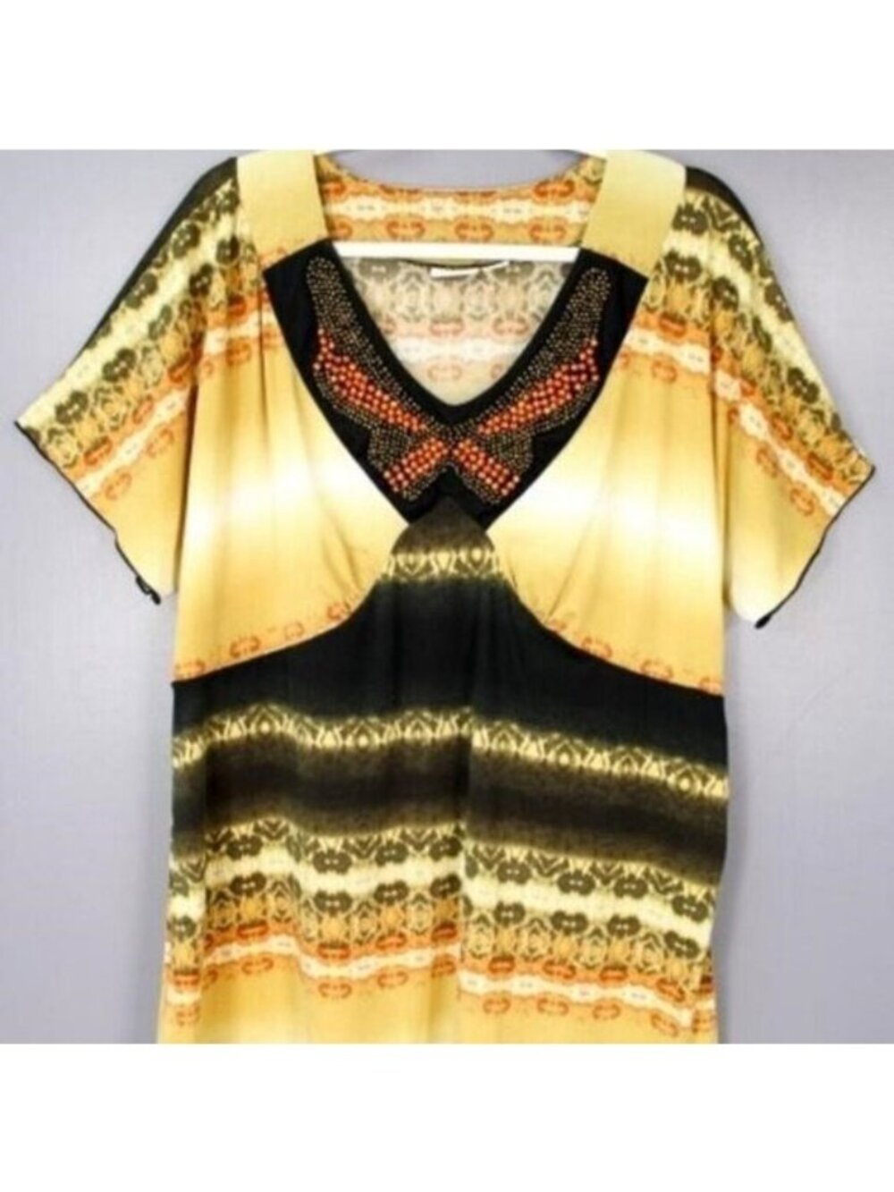 CATO Black & Yellow Embellished Beaded short Sleeve top blouse sz 18 20 bohemian